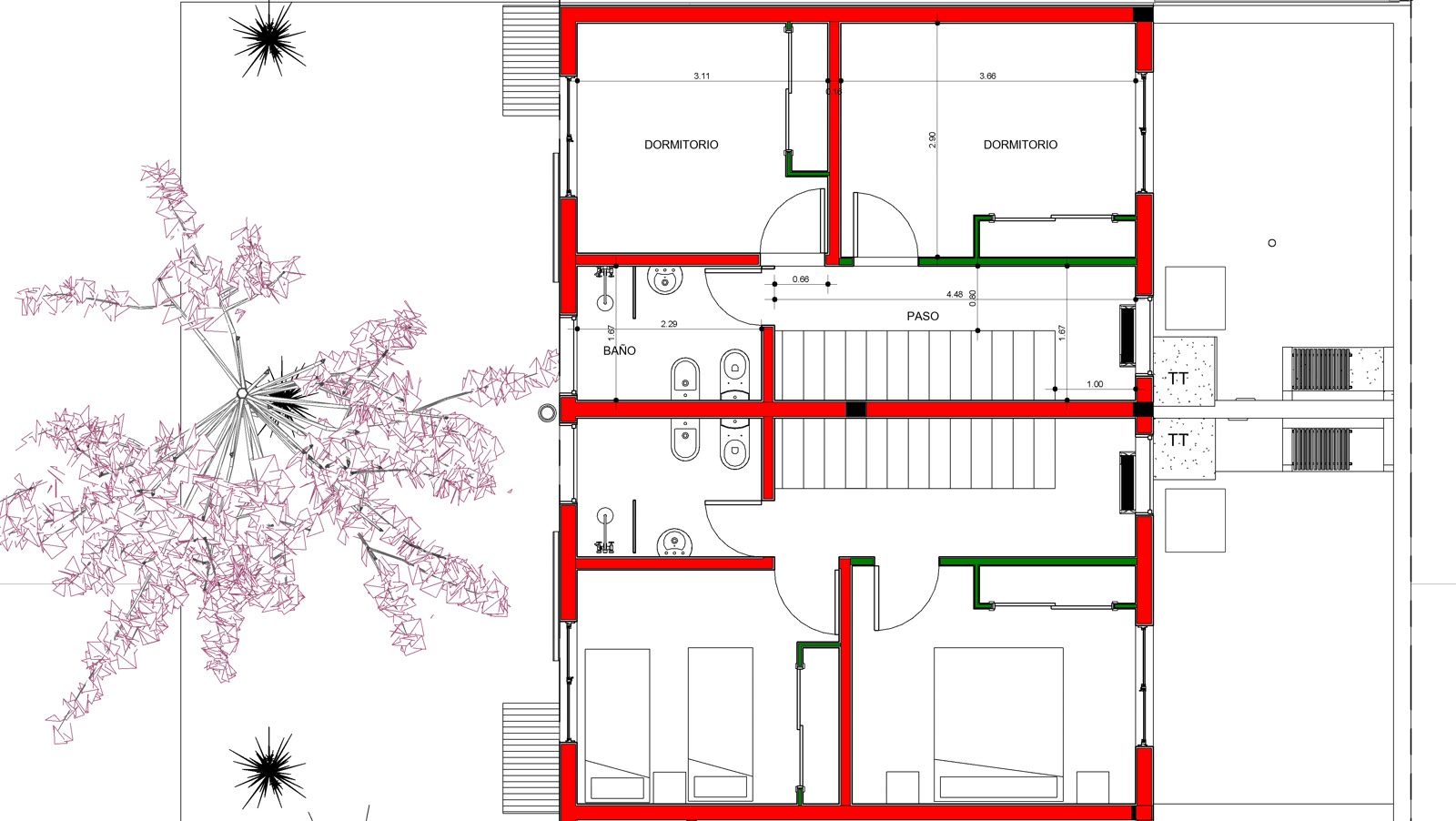 Plano de planta alta de las dos unidades del dúplex: dos dormitorios con placard y baño completo en cada una