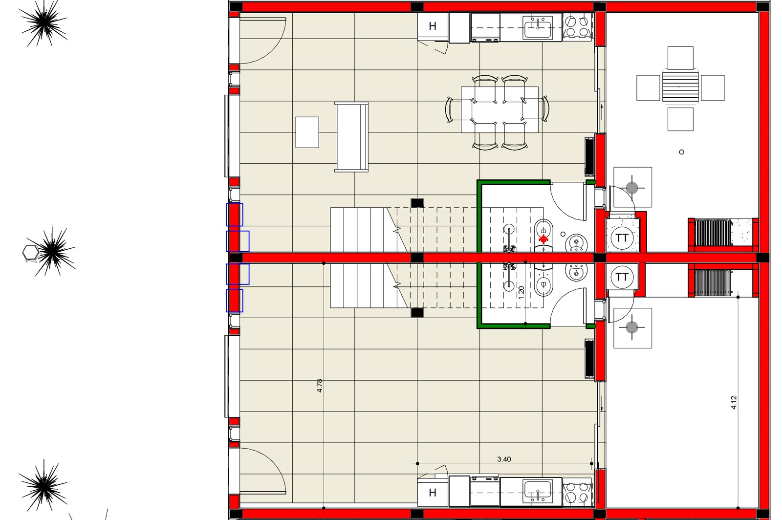 Plano de planta baja de las dos unidades del dúplex: estar, comedor, cocina integrada, baño completo y patio de cada una