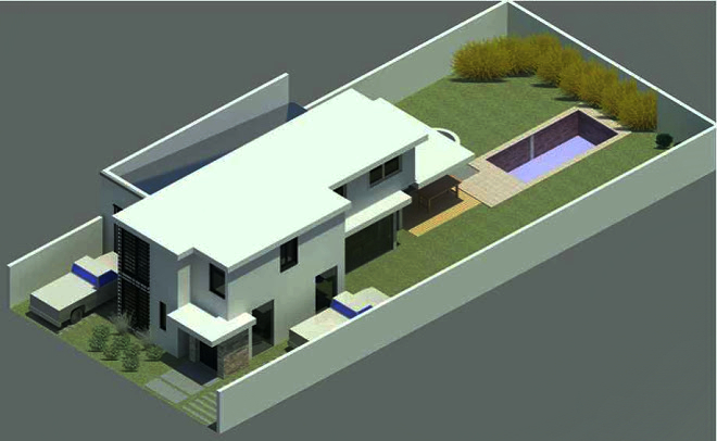 Render 3D de vivienda moderna con piscina